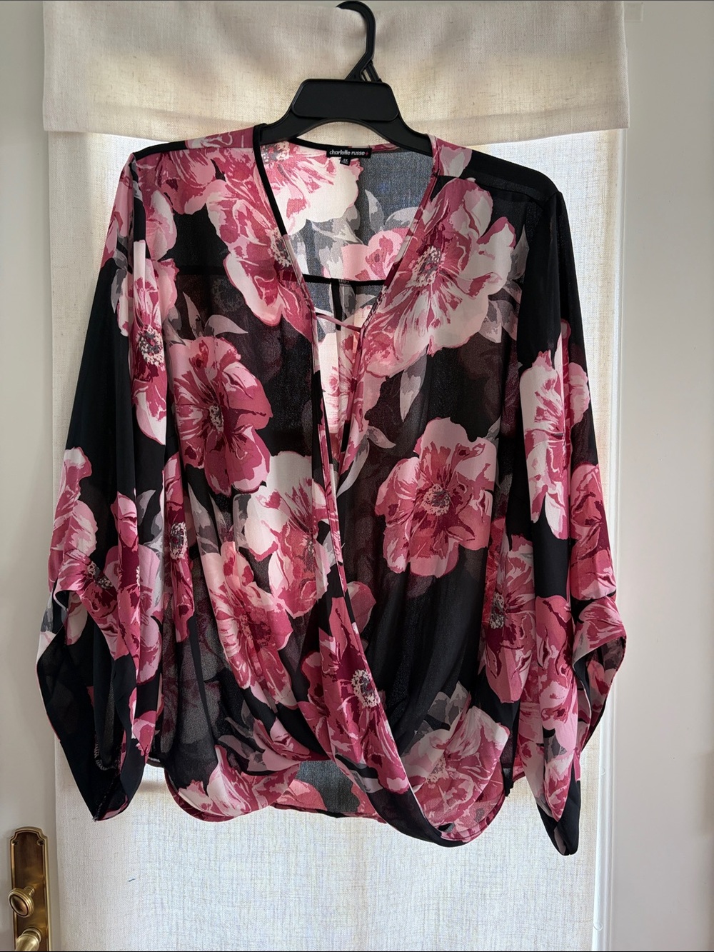 Charlotte Russe Pink Floral Surplice Blouse on Black